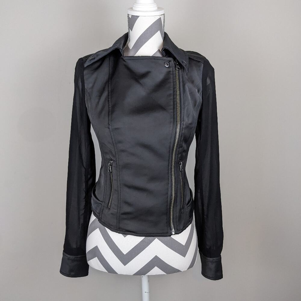 GUESS Satin Cropped Moto Jacket Sheer Sleeve Black XS Y2K - Picture 7 of 16